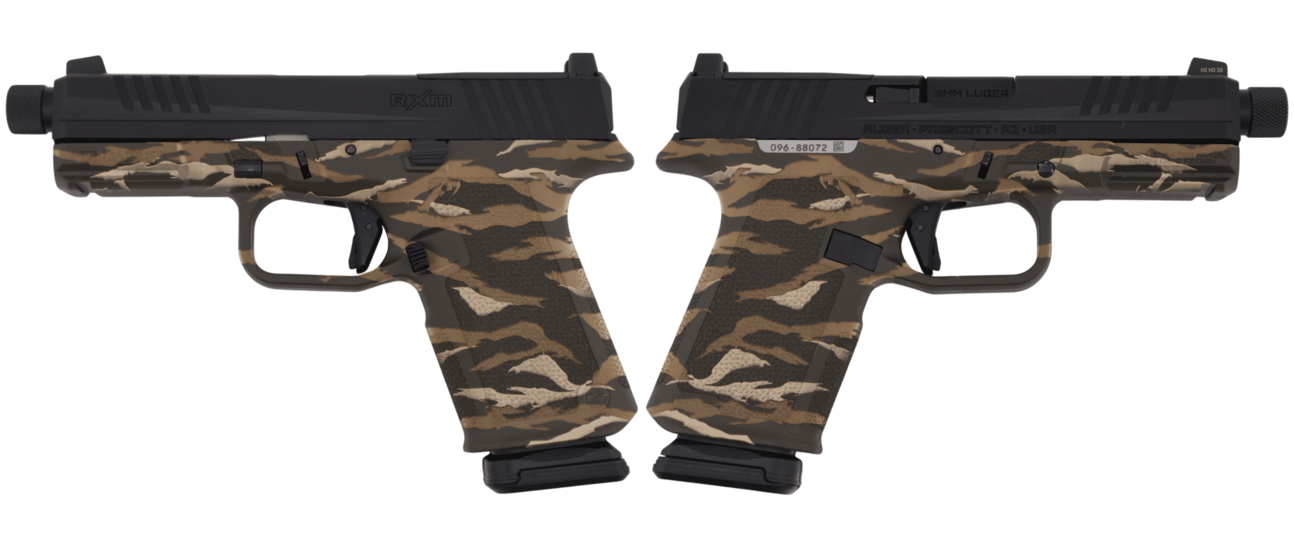 RUGER RXM THREADED 9MM PISTOL 4.5" BBL OD GREEN TIGER STRIPE MAGPUL EHG, O.R. 2-15RD MAGS