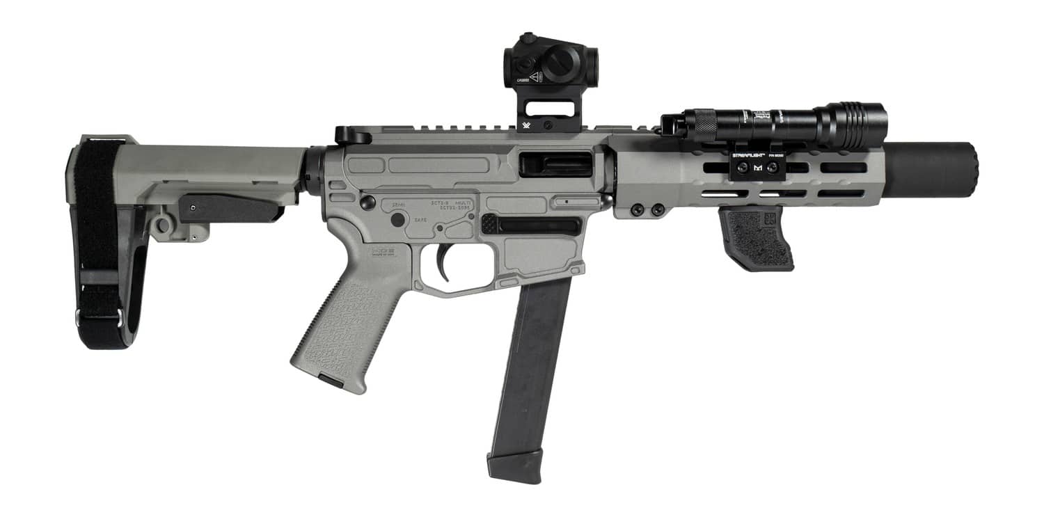 Shark Coast Tactical SCC06742SPGY9-D Sneeky Pete Deluxe w/Optic 9mm Luger 30+1 5.50" Black Melonite Threaded Barrel, Gray Cerakote Receiver, SB Tactical SBA3 Brace, Vortex Crossfire Red Dot, Streamlig
