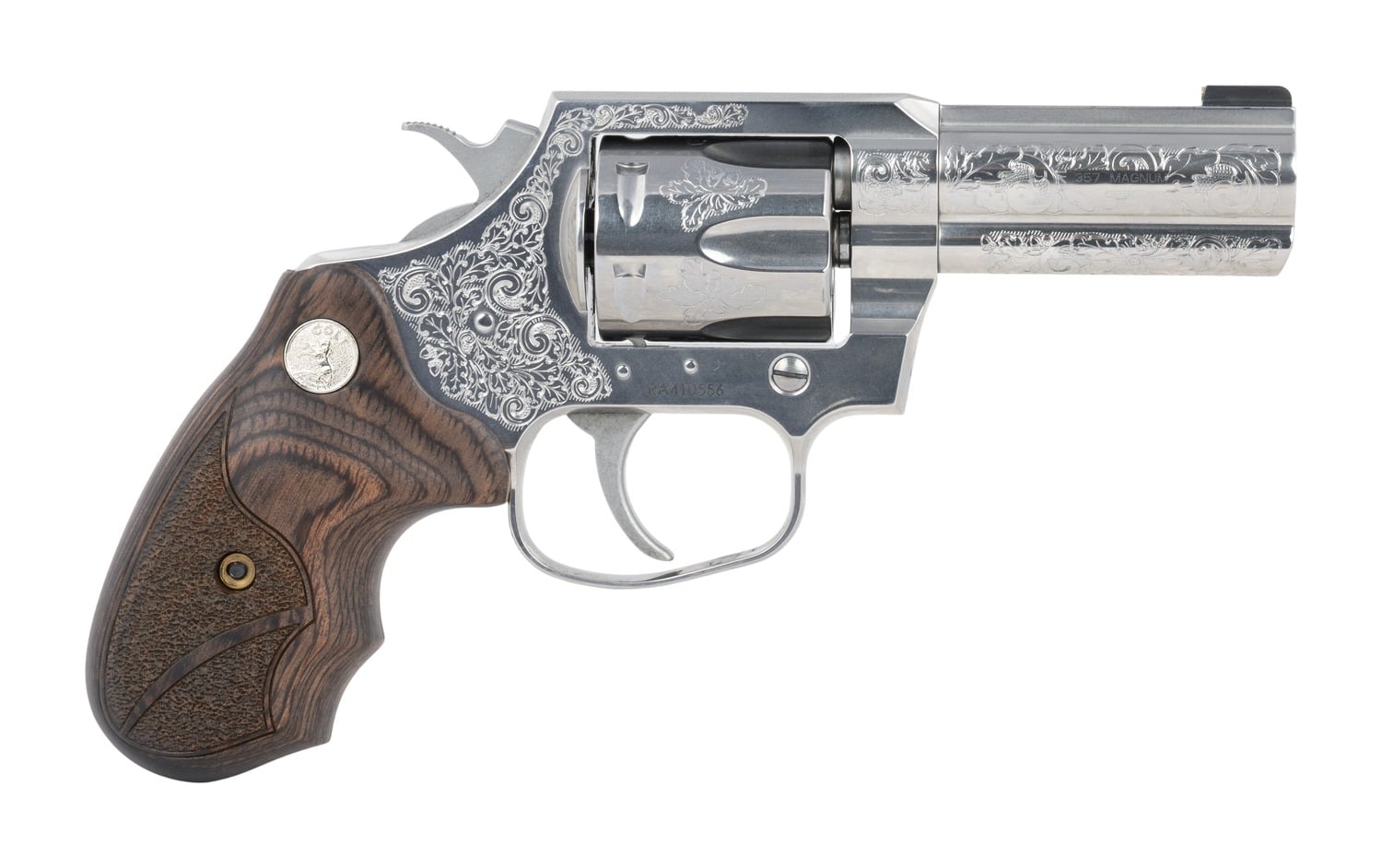 Colt Mfg KCOBRASB3RBBSEG King Cobra 357 Mag 6 Shot 3" Stainless Steel Barrel, Cylinder & Frame, Walnut Grip, Transfer Bar Safety, Exposed Hammer